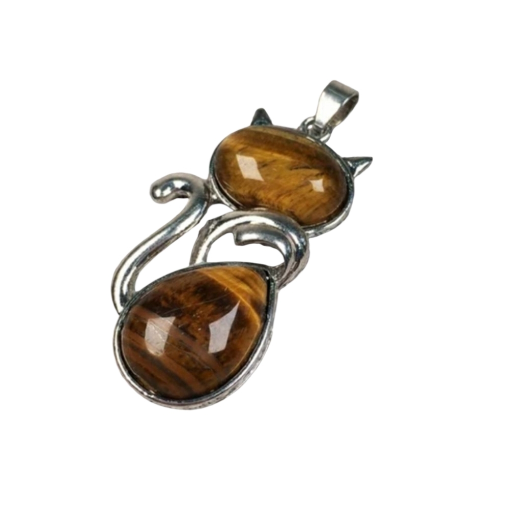 Natural Stone Cat Shape Silver tone Pendant -Tiger Eye